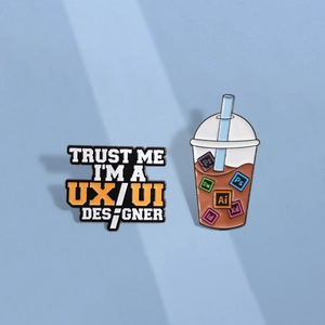 UX UI designer pins and bubble tea cup brooch with creative Adobe software icons