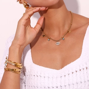 18K gold plated necklace with evil eye pendant and matching turquoise bracelet set