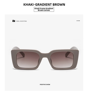 Front view of khaki square frame sunglasses with gradient brown lenses and metal hinges
