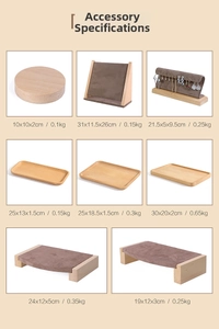 Detailed dimensions for velvet and wood jewelry display trays and accessory stands