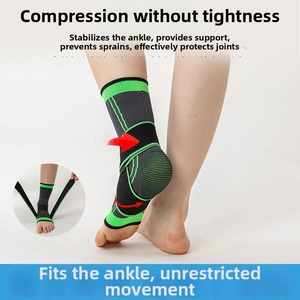 Detail of green knit ankle sleeve showing cross compression straps and tendon support
