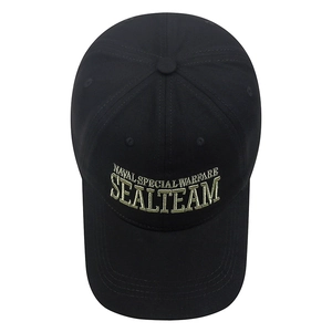 Black cotton baseball cap with military green Naval Special Warfare Seal Team embroidery