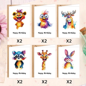 Set of 12 cute watercolor forest animal birthday cards with envelopes on pink wood