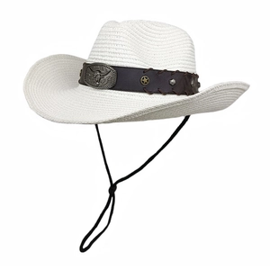 Detail of white straw cowboy hat with leather band and metal bull head ornament