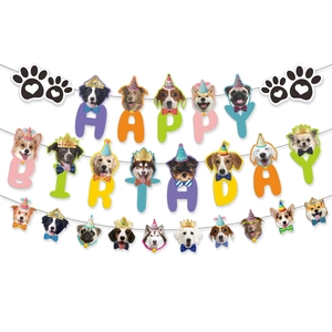 Dog happy birthday banner with assorted puppy breeds and paw prints party decor