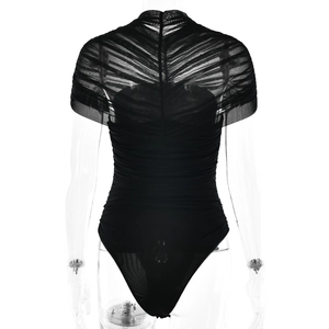 Detail view of the back ruched design on this black mesh see-through bodysuit for women