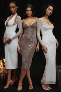 Detail view of stylish backless evening dresses with lace embroidery and sheer sleeves