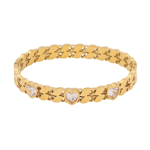 Gold stainless steel bracelet with heart-shaped white crystals and hollow clover design
