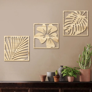 Lot de 3 décorations murales bohèmes en bois découpé au laser avec motifs tropicaux
