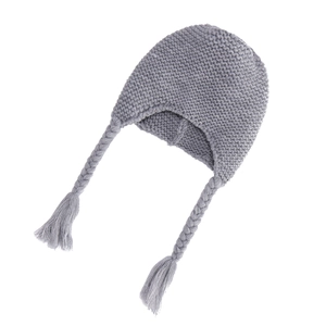 Detail showing grey cable knit texture and braided tassels of the baby earflap hat