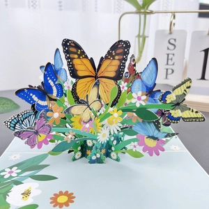 3D pop-up greeting card featuring vibrant butterflies and yellow daisies on blue base