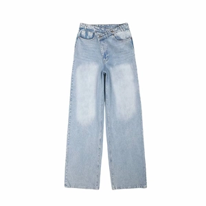 Light blue straight leg denim jeans with unique asymmetrical crossover waist design