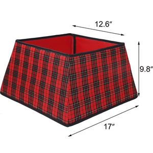 Red and black buffalo plaid Christmas tree collar with dimensions 17x12.6x9.8 inches