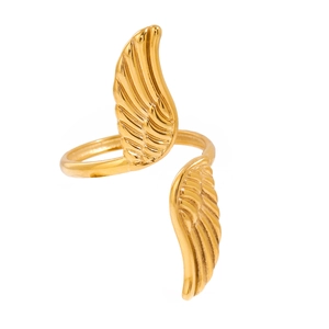 Exaggerated golden stainless steel ring featuring a symmetrical peace dove wings design