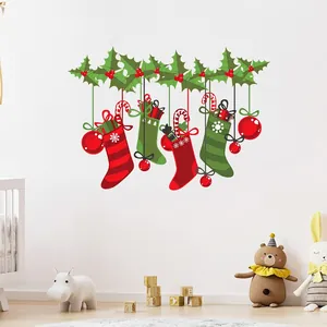 Christmas wall stickers with red stockings and gift boxes for cozy room holiday decoration