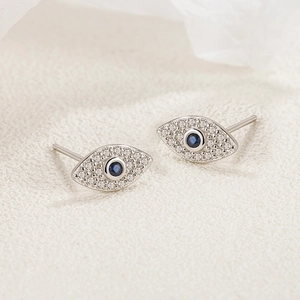 Elegant S925 sterling silver evil eye stud earrings with blue stones and white crystals
