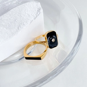 French style gold ring with black enamel square stone and minimalist gold band
