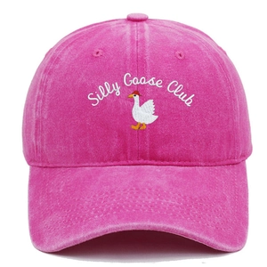 Detail of Silly Goose Club embroidery on pink washed cotton baseball cap crown