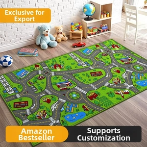 Detail of green kids city map rug showing roads and buildings in a cozy nursery room