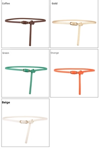 Detail showing five colors of thin leather belts with elegant golden oval buckles