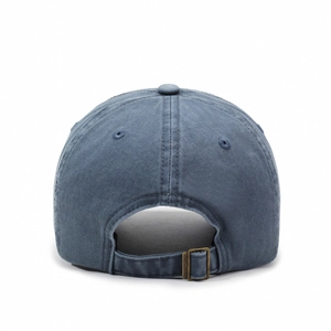 Rear view of washed cotton baseball cap with adjustable metal buckle in gray blue