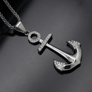 Hip Hop Anchor Pendant Necklace Stainless Steel With Sparkling Rhinestone Inlaid Twist Chain Men Jewelry Gift