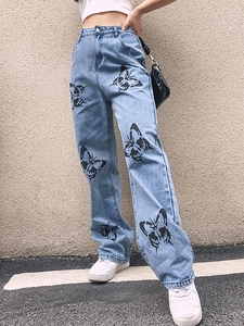 Butterfly Print High Waist Wide Leg Jeans For Women Washed Cotton Denim Streetwear Straight Trouser Long Pants