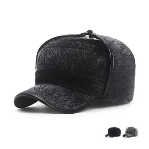 Men Trapper Hat Faux Mink Fur Thickened Warm Winter Earflap Hat With Brim Windproof Flat Top Outdoor For Middle Aged