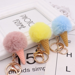 Set of three creative mini ice cream plush ball keychains in pink, yellow and blue colors