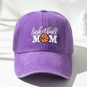 Detail of purple washed cotton baseball cap with Basketball MOM white embroidery