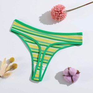 Detailed flat lay of striped cotton thong underwear in green, yellow and white colors