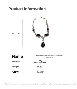 Detailed view of rhinestone necklace set dimensions with blue teardrop crystals