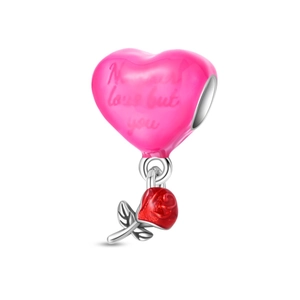 Detailed pink enamel heart charm with red rose and 'No love but you' engraving