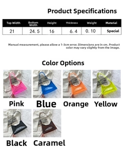 Size chart and color guide for clear PVC jelly shoulder bag with product measurements