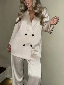 Femmes Blazer À Double Boutonnage Et Pantalon Large Élégant Satin Plissé Streetwear Professionnel Décontracté Bureau Lady