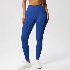 Close-up of royal blue high-waisted ribbed waistband on seamless yoga leggings