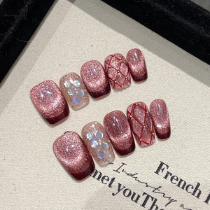 Handmade Press On Nails Wine Red Cat Eye French Style Resin Artificial Fingernails With Grid Rhinestones Glitter Decor