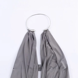 Fashionable grey halter neck satin dress featuring metallic jewelry link detail