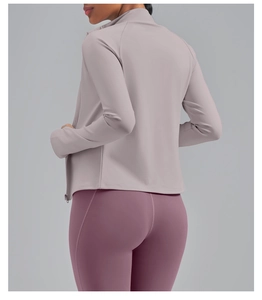 Slim-fit mock neck yoga jacket with back view showing high-stretch breathable fabric detail