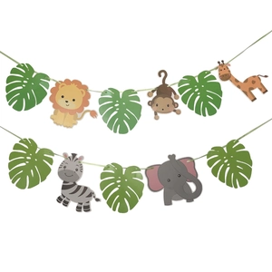 Banderole de fête safari jungle avec lion, éléphant et feuilles tropicales sur fond blanc