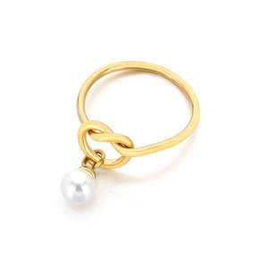 Elegant gold-tone stainless steel love knot ring with white round pearl accent