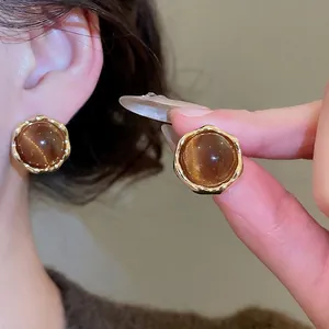 18k gold plated tiger eye stone stud earrings with vintage geometric wave textures