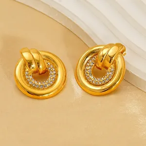 Round Interlocking Hoop Earrings Stainless Steel 18K Gold Plated Cubic Zirconia Rhinestone Fashion For Women