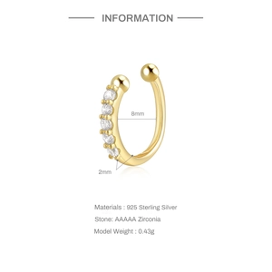 Detailed specifications of 925 sterling silver gold nose cuff with 8mm diameter and AAAAA zircon