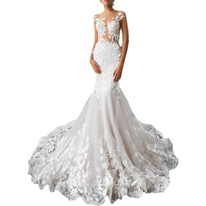 Elegant ivory mermaid bridal gown with sheer lace appliques and long tulle train