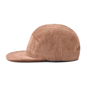 Brown corduroy 5-panel camp cap with short brim and side eyelets for outdoor casual wear
