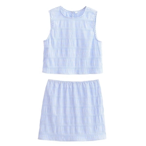 Light blue plaid two-piece set featuring sleeveless round neck top and mini skirt