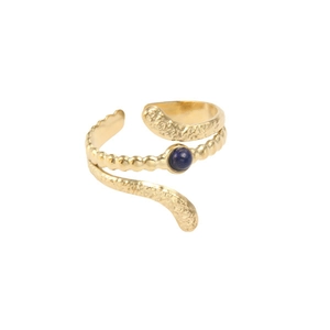 Adjustable gold plated stainless steel ring with hammered texture and blue natural stone