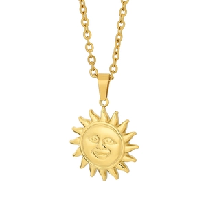 18K gold-plated sun face pendant necklace with classic ray design on white background
