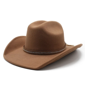 Brown western cowboy fedora hat with rhinestone and stud band on white background